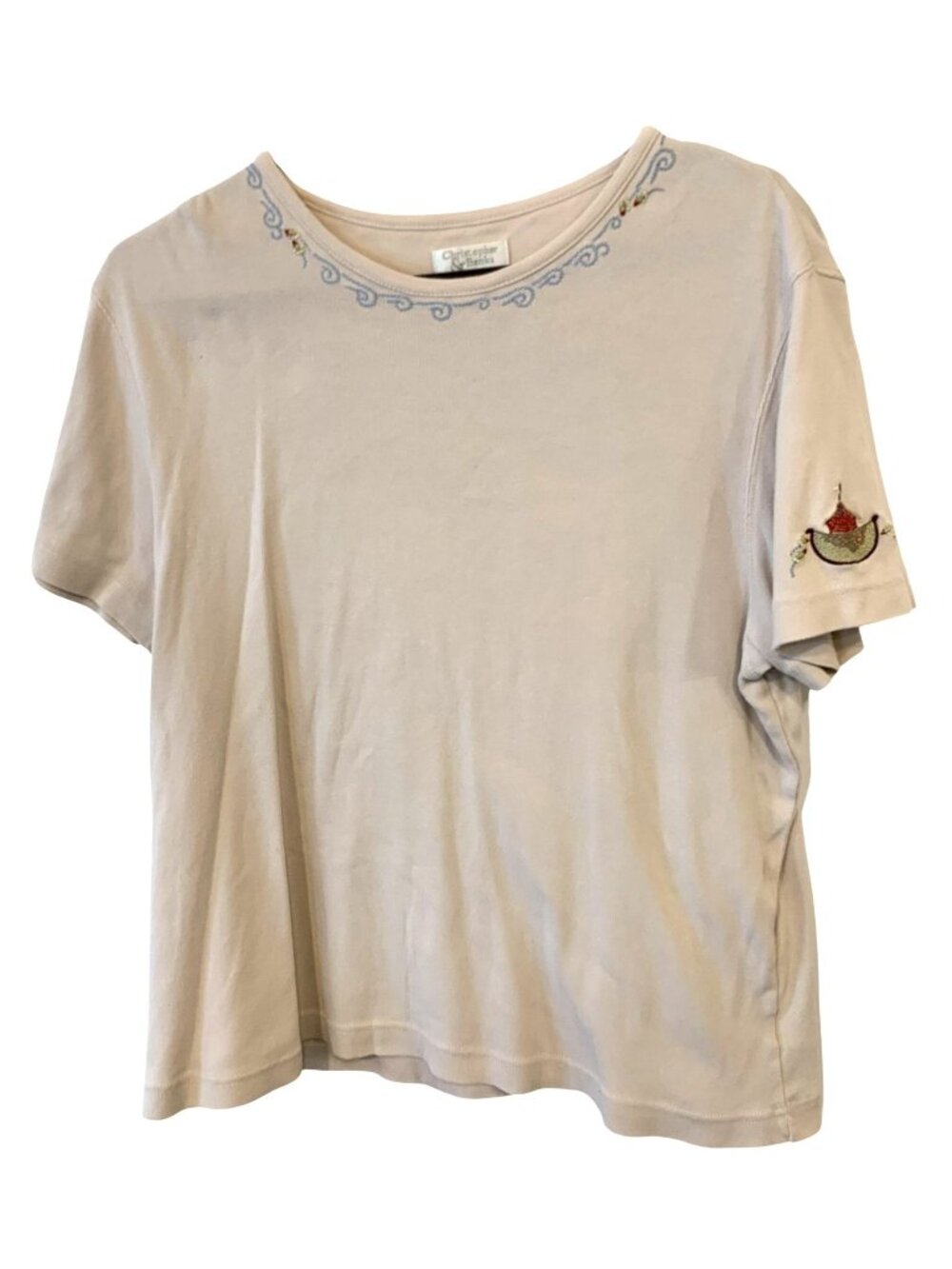 Christopher & Banks Womens XL Beige Cotton Embroidered Tee Shirt Cottagecore